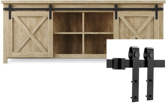 Black J Shape Strap Mini Barn Door Hardware Kit 6 Ft For Double Wood Doors
